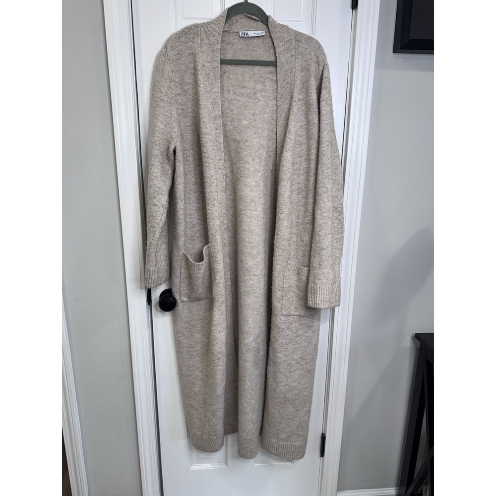 Zara Knit Long Duster Cardigan Sweater Womens Large Beige Open Front Pockets